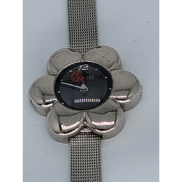 Rumours Ladybug Watch, Silvertone Flower Shaped Case, Metal Bracelet Band